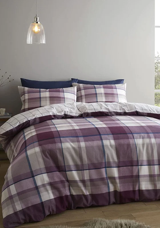 Catherine Lansfield Reversible Brushed Check Duvet Set, Plum