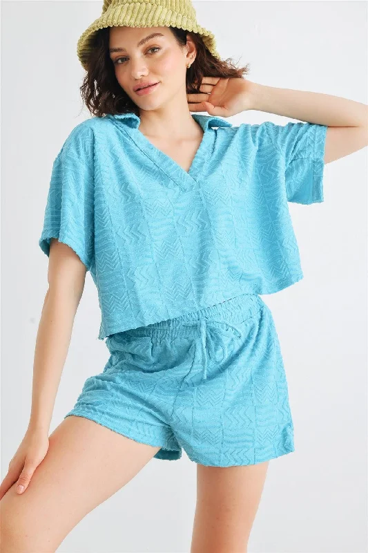 Casual Short Sleeve TopsTeal Blue Printed Collar Neck Short Sleeve Crop Top & High Waist Two Pocket Shorts Set /1-2-2-1