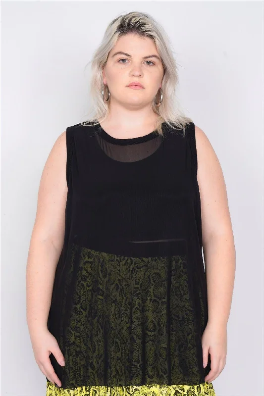 Thermal tankJunior Plus Size Black Mesh Sleeveless Long Tank Top /2-1-2