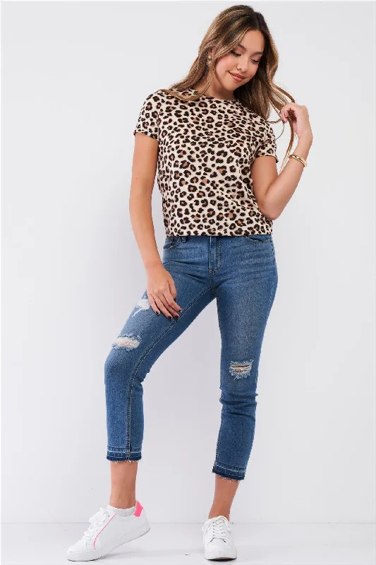 Formal Short Sleeve TopsCream Brown Leopard Print Crew Neck Short Sleeve Basic T-Shirt /2-2-1