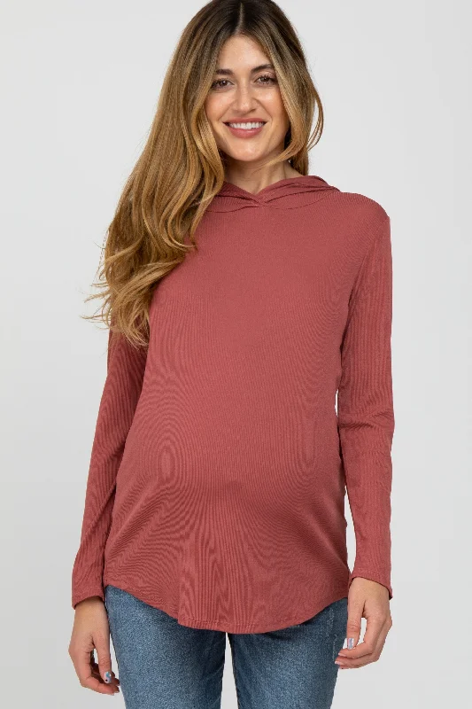 Pullover HoodiesRust Ribbed Lightweight Maternity Hoodie