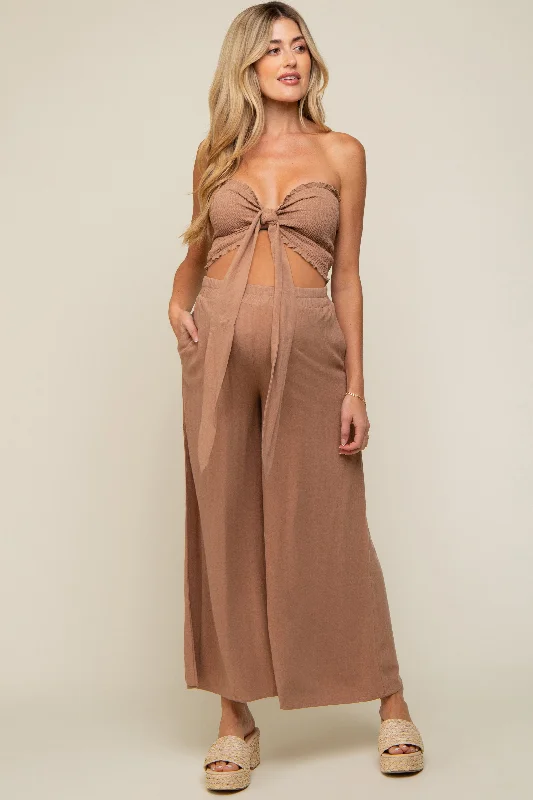 CroptopAIMocha Front Tie Crop Top and Pant Maternity Set