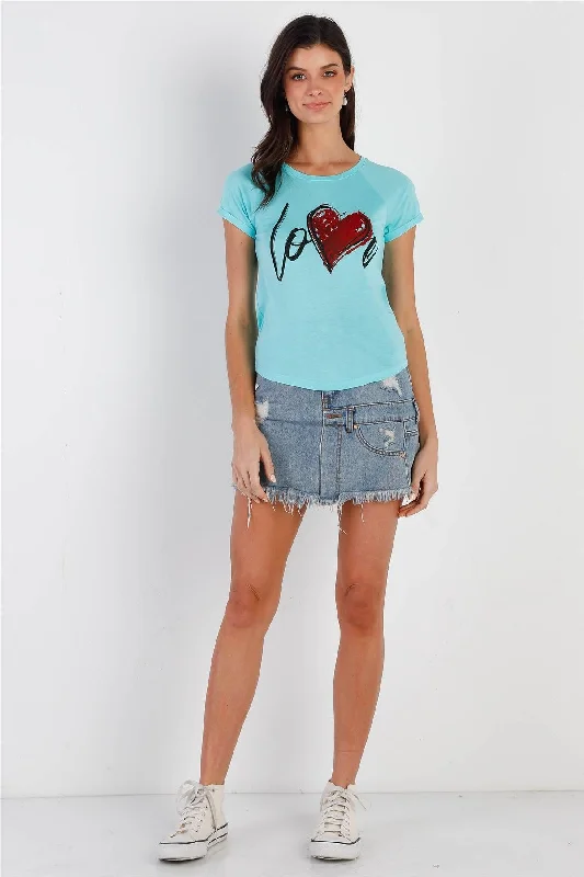 Striped Short Sleeve Tops"Love" Print Mint Short Sleeve T-Shirt Top /2-2