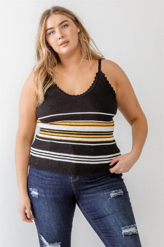 Cycling teePlus Size Black Striped Ribbed Ruffle Tank Top