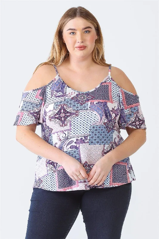 UV-Protection Short Sleeve TopsJunior Plus Blue Paisley Print Off-The-Shoulder Short Sleeve Strappy Top /1-1-1