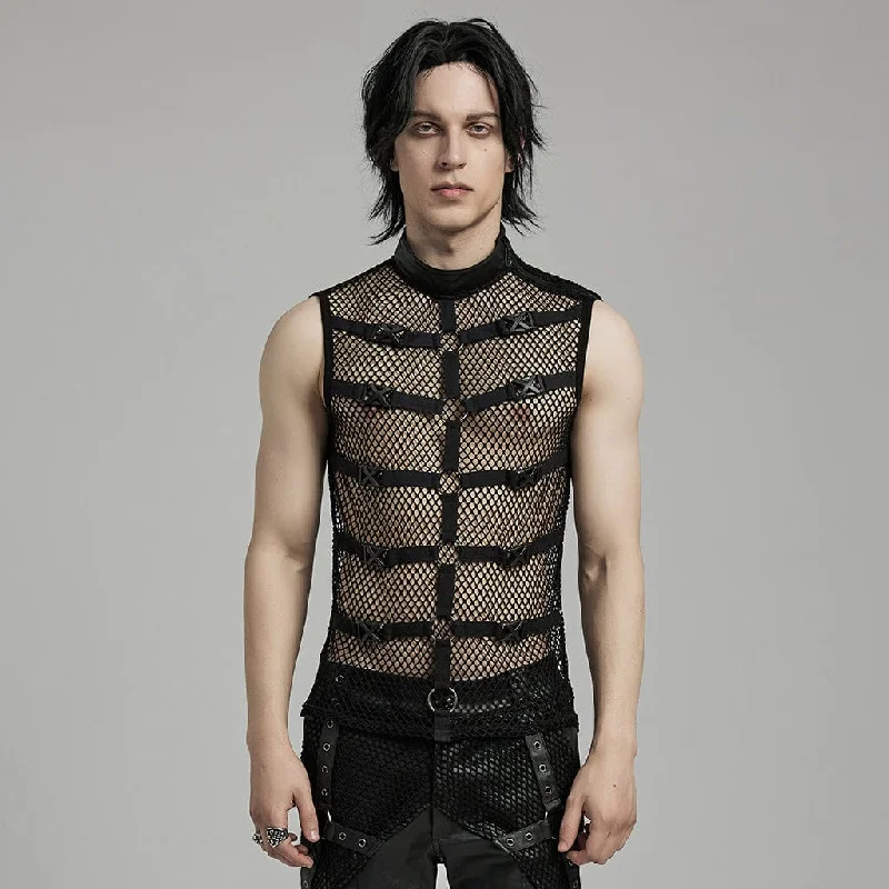 Windproof jacketMen's Punk Rock Stand Collar Buckle Straps Mesh Tank Top