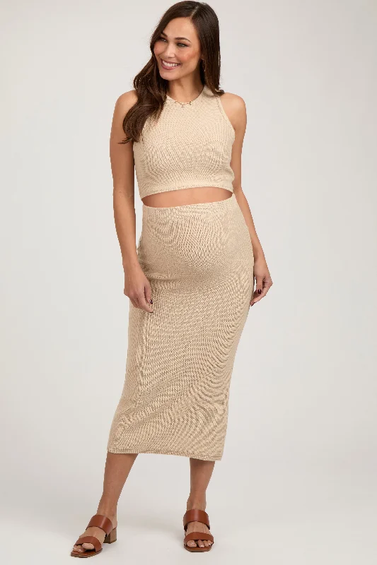 CroptopprideTaupe Sleeveless Crop Maternity Skirt Set