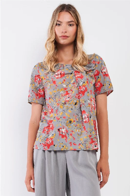 Performance Short Sleeve TopsGrey Multi Floral Print Asymmetrical Neck Draped Short Sleeve Loose Fit Top /1-2-2-1