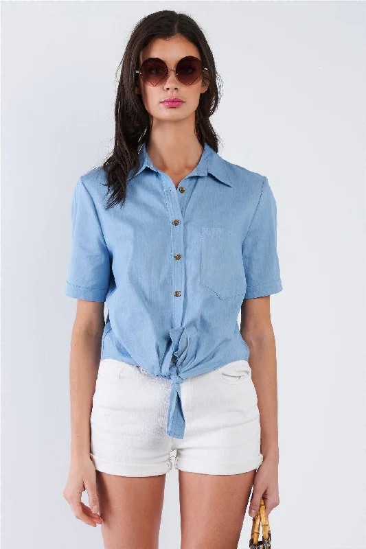 Recycled Fabric Short Sleeve TopsBlue Cotton Front Knot Button Down Short Sleeve Top  /1-3-1