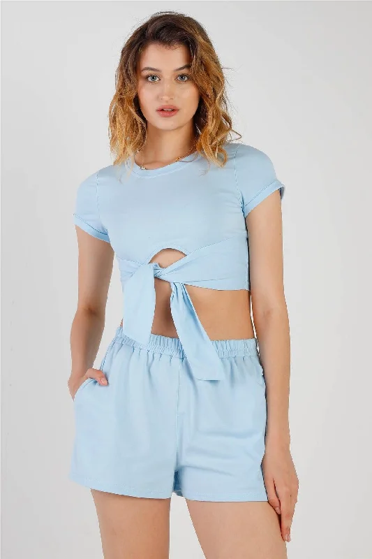 Longline Short Sleeve TopsBlue Cut-Out Detail Self-Tie Hem Short Sleeve Crop Top & High Waist Short Set /2-2-2