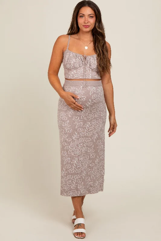 CroptopdurableLight Taupe Floral Knit Crop Top and Midi Skirt Maternity Set