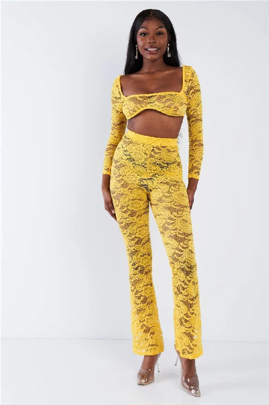 CroptopgameYellow Sheer Floral Lace Crop Top & Flare Pant Set