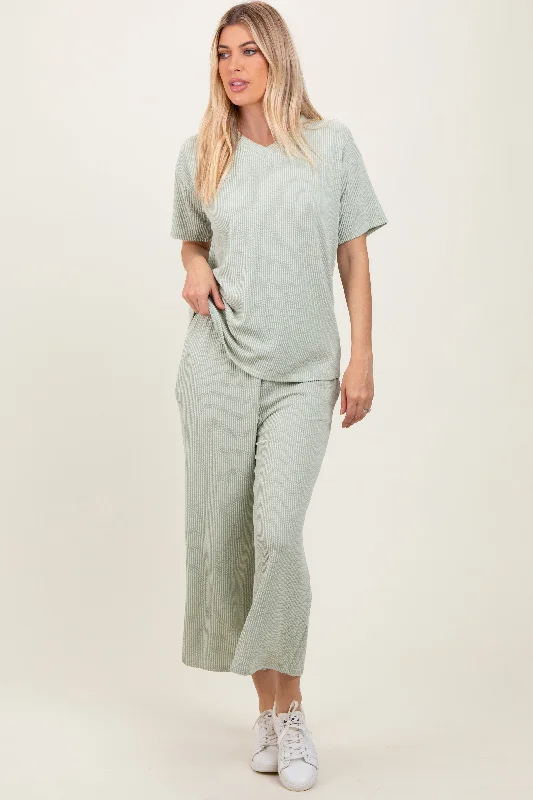 Relaxed Fit Short Sleeve TopsSage Ribbed Short Sleeve Top Pajama Set