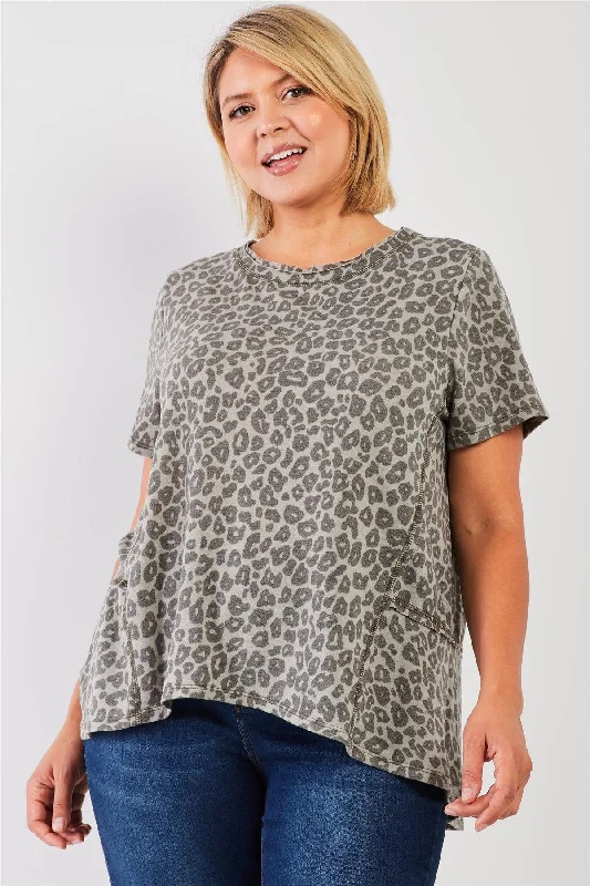 Quick-Dry Short Sleeve TopsPlus Size Sage Washed Effect Leopard Print Short Sleeve Top /3-2-1