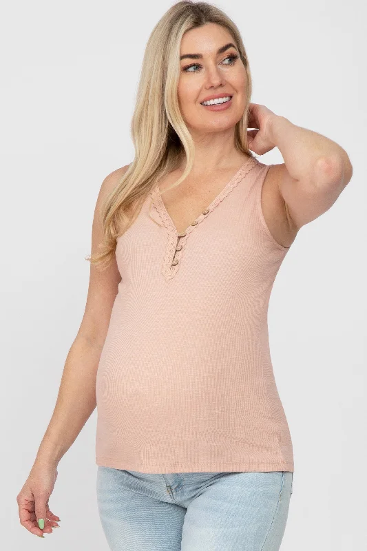 Gym singletPink Ribbed Crochet Button Accent Maternity Tank