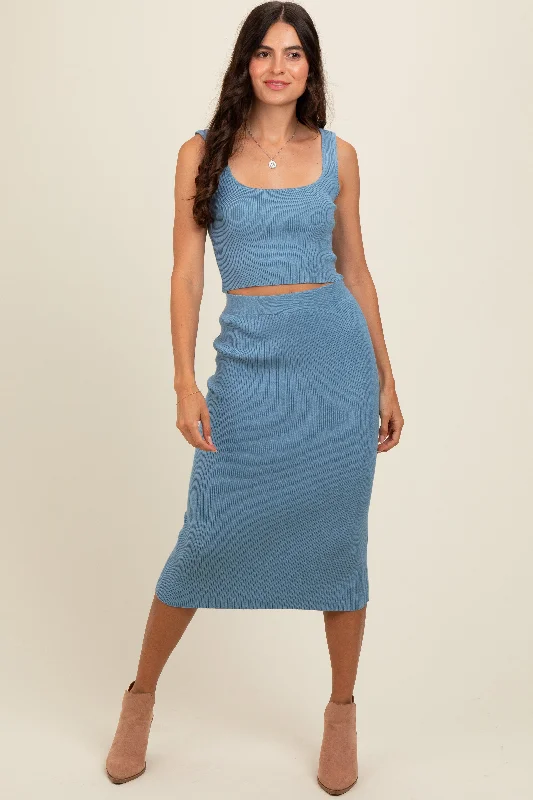 CroptopcommunityBlue Ribbed Square Neck Sleeveless Crop Skirt Set