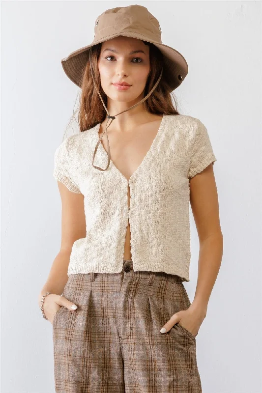 Minimalist Short Sleeve TopsCream Cotton Knit Short Sleeve Cardigan Crop Top /1-2-2-1