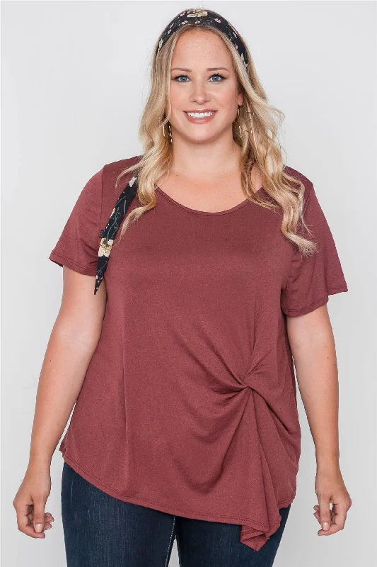 Gym Short Sleeve TopsPlus Size Maroon Rust Short Sleeve Twist Front Top /2-2-2