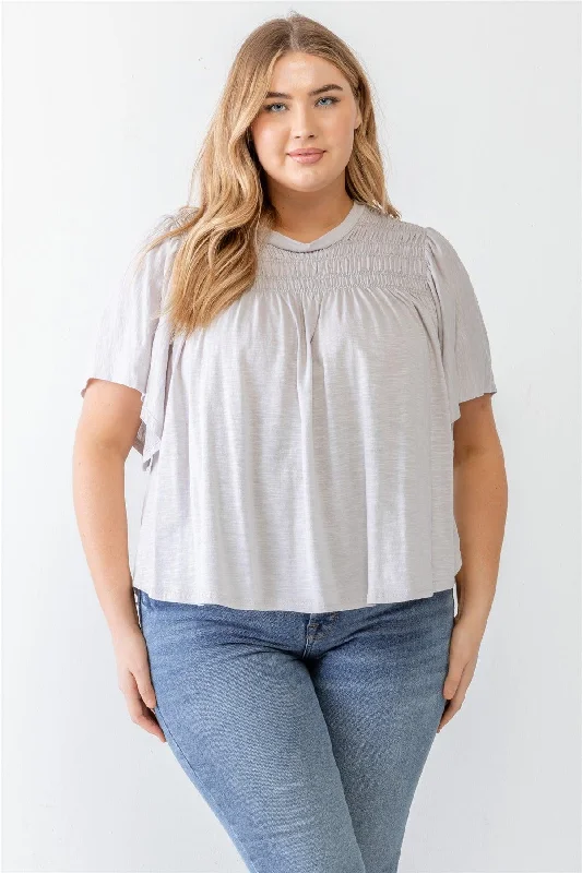 Off-Shoulder Short Sleeve TopsJunior Plus Grey Cotton Blend Smoked Short Sleeve Top /1-1-1