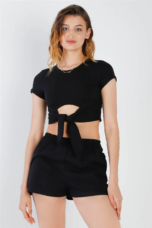 Scoop Neck Short Sleeve TopsBlack Cut-Out Detail Self-Tie Hem Short Sleeve Crop Top & High Waist Short Set /2-2-2