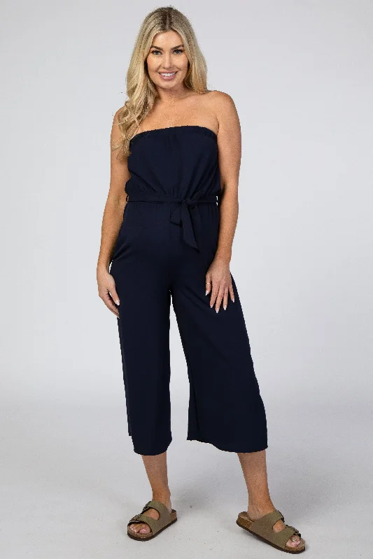 CroptopcraftNavy Blue Strapless Wide Crop Leg Maternity Jumpsuit