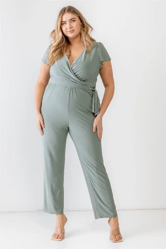 Blended Fabric Short Sleeve TopsJunior Plus Sage Two Pocket Tie Wrap Short Sleeve Jumpsuit /3-2-1