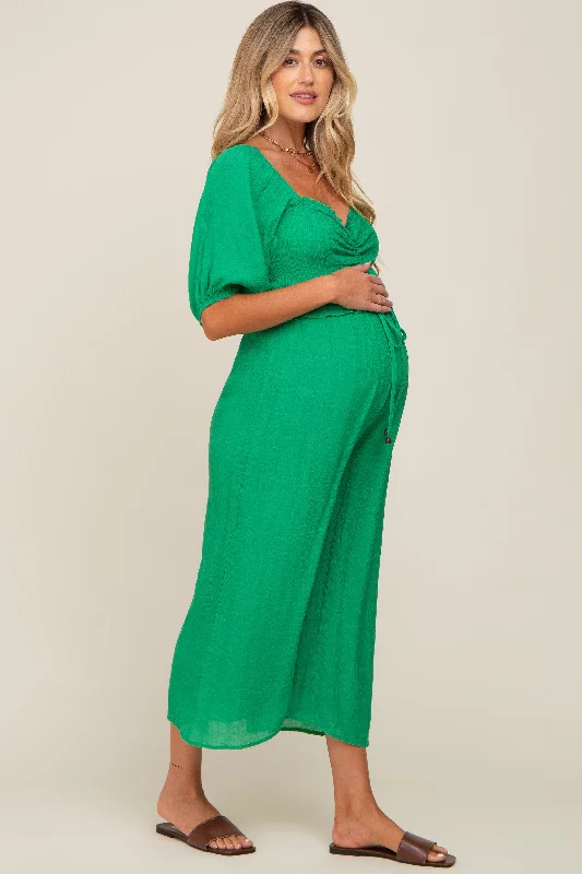 Quick-Dry Short Sleeve TopsGreen Smocked Drawstring Front Short Sleeve Maternity Jumpsuit