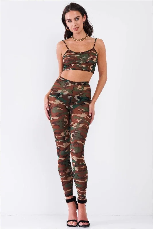 CroptopwebCamo Print Sexy Sheer Mesh Sleeveless Crop Top & High Waist Legging Set