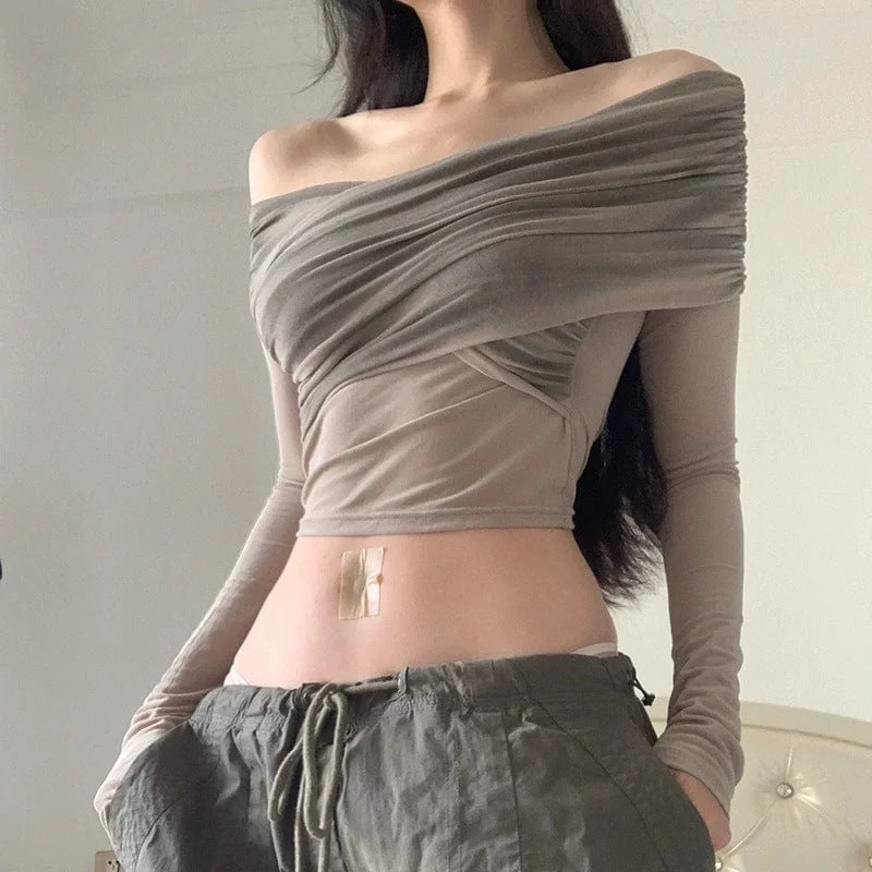 CroptopnostalgiaWomen's Grunge Off Shoulder Sheer Long Sleeved Crop Top