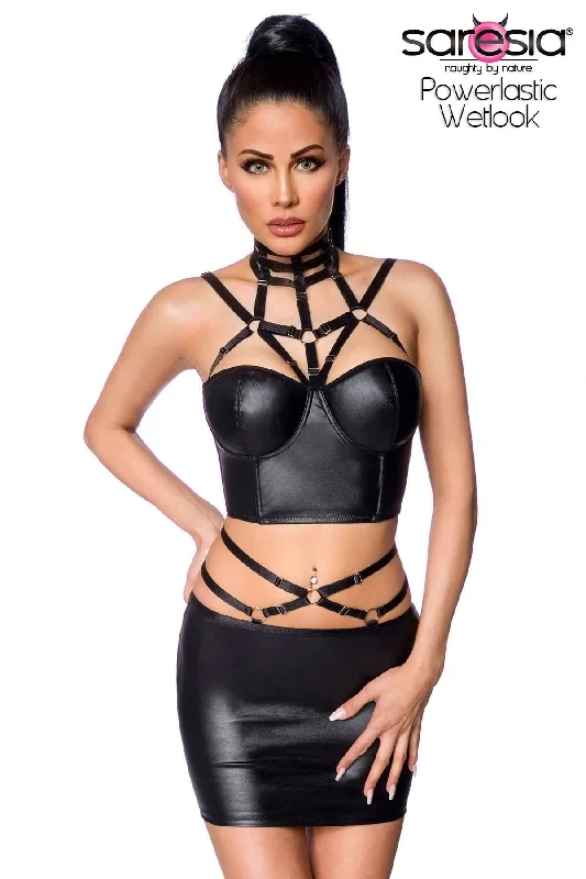 CroptopgadgetMulti-Strap Wetlook Crop Top With Skirt Set