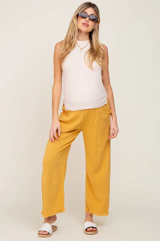 CroptopseamGold Linen Frayed Hem Crop Maternity Pants