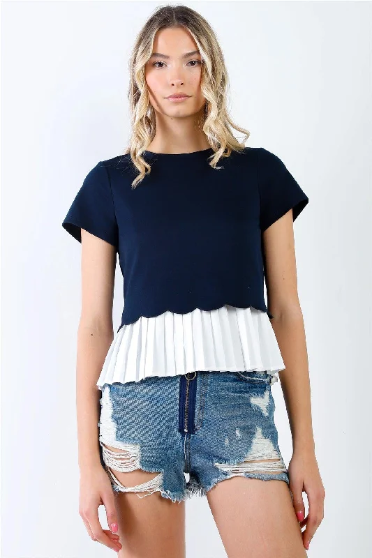 Boat Neck Short Sleeve TopsNavy & White Layered Pleated Hem Short Sleeve Top /1-2-1-1