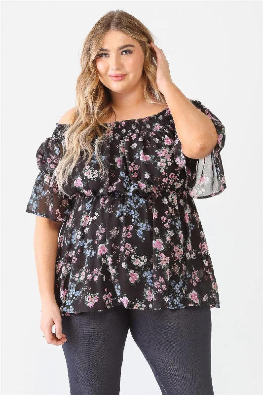 Boat Neck Short Sleeve TopsJunior Plus Black Floral Chiffon Off-The-Shoulder Short Sleeve Flare Hem Top /1-1-1