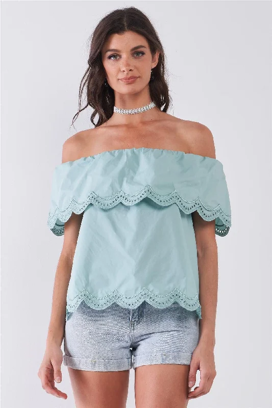 Camping Short Sleeve TopsSeafoam Off-The-Shoulder Scallop Hem Short Sleeve Top /1-2-2-1