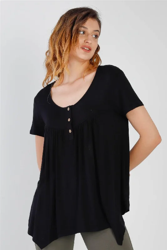 Off-Shoulder Short Sleeve TopsBlack Button Up Detail Handkerchief Hem Short Sleeve Top /1-2-2-1