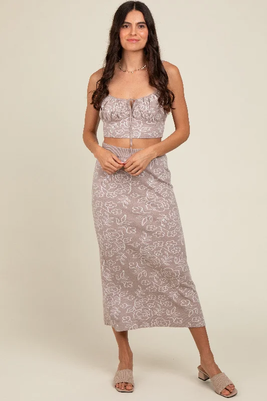 CroptopidentityLight Taupe Floral Knit Crop Top and Midi Skirt Set