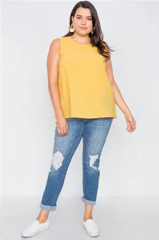 Compression vestPlus Size Mustard Semi-Sheer Casual Back Button Tank  / 2-2-1