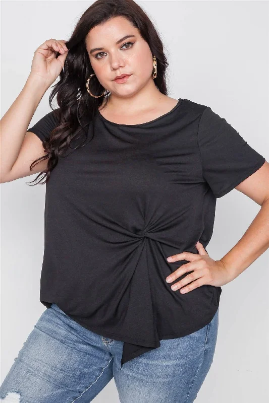 Lounge Short Sleeve TopsPlus Size Black Short Sleeve Twist Front Top