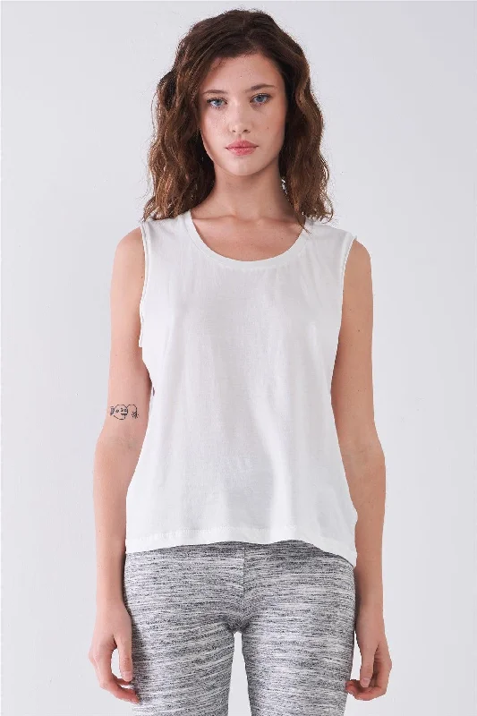 Hiking vestWhite Solid Sleeveless Raw Hem Detail Round Neck Basic Tank Top