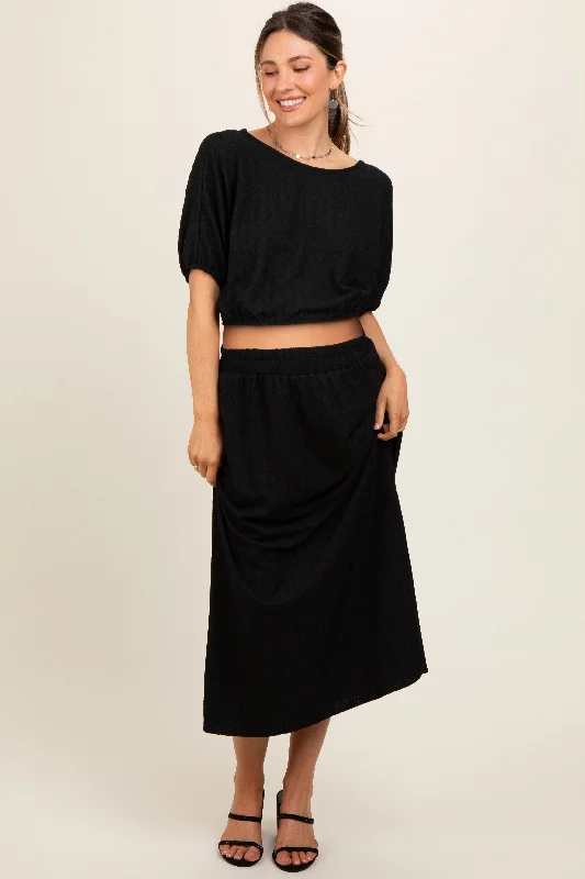 CroptopvintageBlack Waffle Texture Crop Top and Skirt Maternity Set