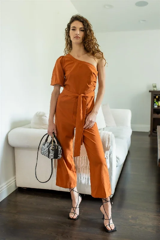 Work Short Sleeve TopsTerracotta Cotton Blend One Shoulder Puff Short Sleeve Belted Culotte Jumpsuit /2-2-1