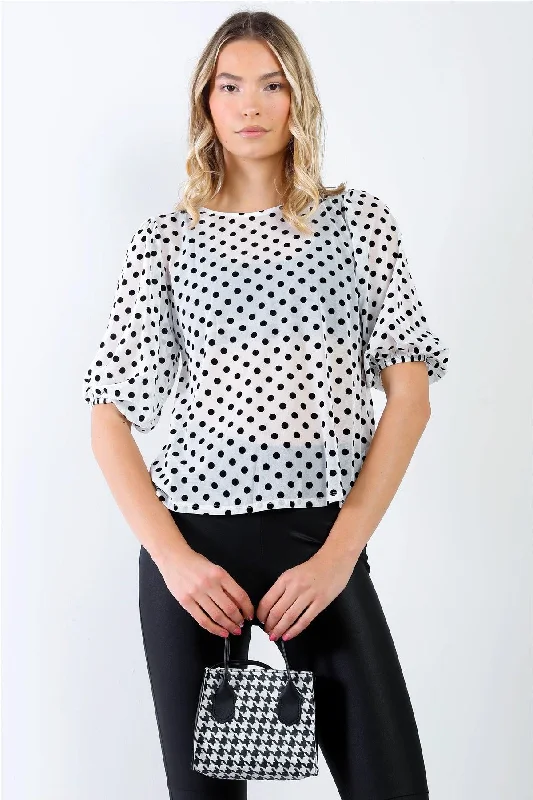 Embroidered Short Sleeve TopsOff-White & Black Mesh Polka Dot Puff Balloon Short Sleeve Top /2-2