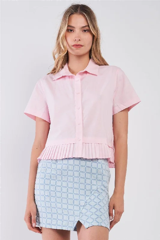 Cycling Short Sleeve TopsLight Pink Short Sleeve Button-Down Pleated Hem Trim Collared Shirt /1-2-2-1