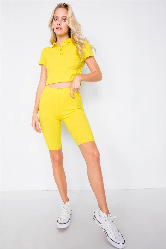 Polyester Short Sleeve TopsNeon Yellow Athletic Short Sleeve Polo Ribbed Crop Top & Biker Short Set /3-2-1