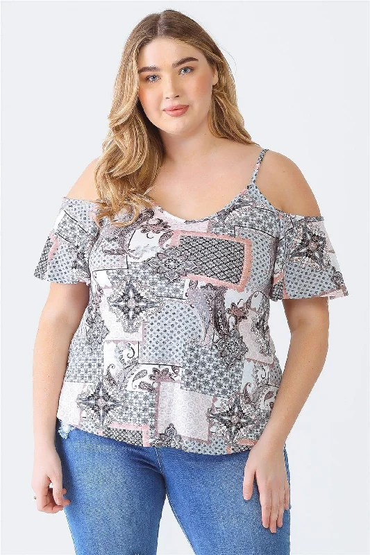 Compression Short Sleeve TopsJunior Plus Grey Paisley Print Off-The-Shoulder Short Sleeve Strappy Top /1-1-1