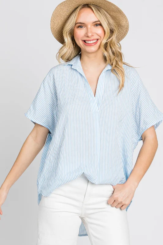 Blended Fabric Short Sleeve TopsLight Blue Collared Short Sleeve Top