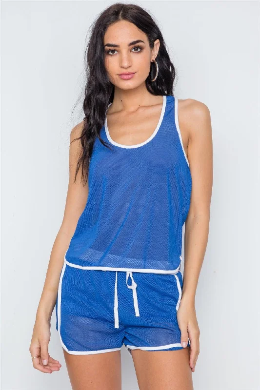 Athletic hoodieBlue Two Piece Sporty Net Tank Top Short Set /3-2-1