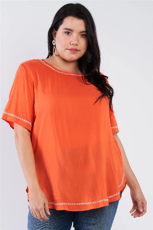 Yoga Short Sleeve TopsJunior Plus Size Tangerine Orange Embroidered Hem Short Sleeve Top /1-1-2