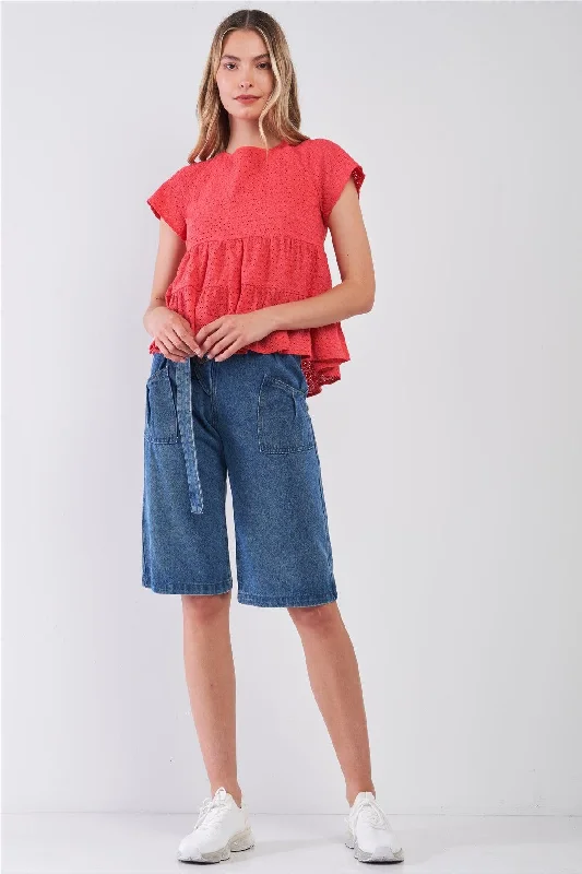 Designer Short Sleeve TopsRed Short Sleeve Eyelet Self-Tie V-Back Tiered Loose Fit Flare Top /1-2-3