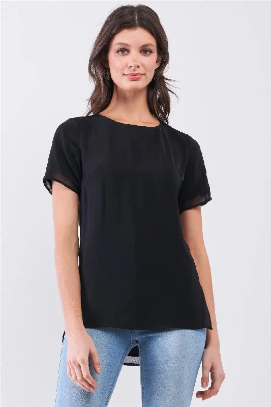 Oversized Short Sleeve TopsBlack Short Sleeve Round Neck Loose Fit Two Side Split T-Short Top /2-4